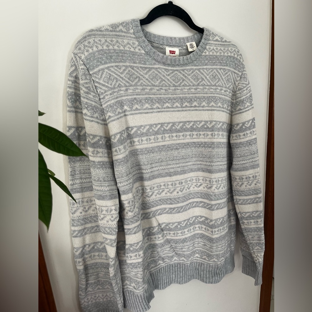 Levi's Men's Light Gray and Cream Fair Isle Crewneck Sweater
